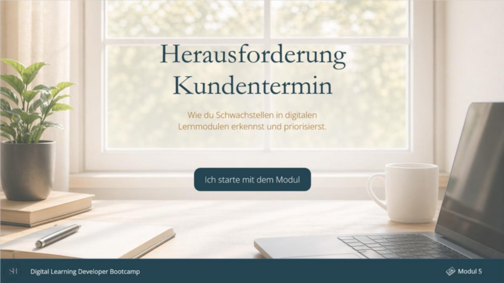 Vorschau eines Storyline-Moduls zum Szenario Herausforderung Kundentermin mit Screenshots zu Einstieg, Interaktion und Feedback.