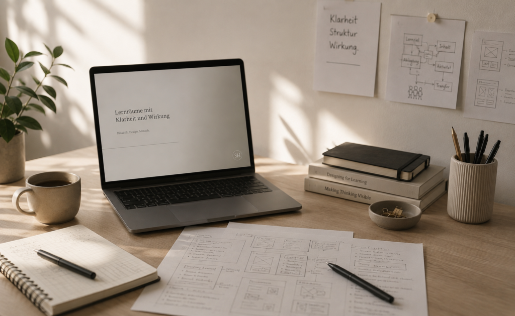Ruhiger, minimalistischer Arbeitsplatz mit Laptop, handgezeichneten Wireframes und Notizen auf einem hellen Holztisch. Warmes Tageslicht fällt auf Bücher, Schreibutensilien und Skizzen an der Wand. Die Szene vermittelt Klarheit, Struktur und konzentriertes Arbeiten im Bereich Learning Experience Design.